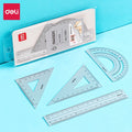 DELI 4-Piece Aluminum Drafting Ruler Set — Straight Ruler, Triangular Ruler & Protractor for School & Office