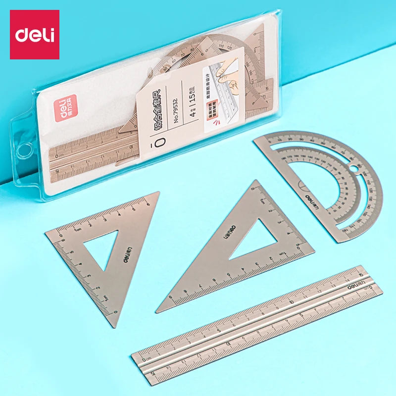 DELI 4-Piece Aluminum Drafting Ruler Set — Straight Ruler, Triangular Ruler & Protractor for School & Office