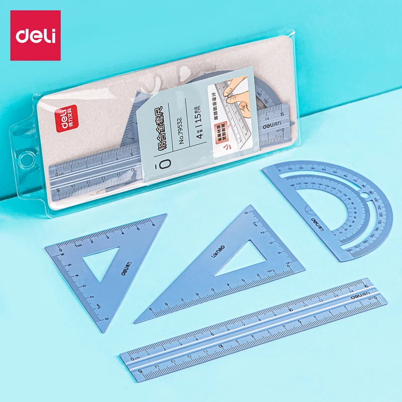 DELI 4-Piece Aluminum Drafting Ruler Set — Straight Ruler, Triangular Ruler & Protractor for School & Office