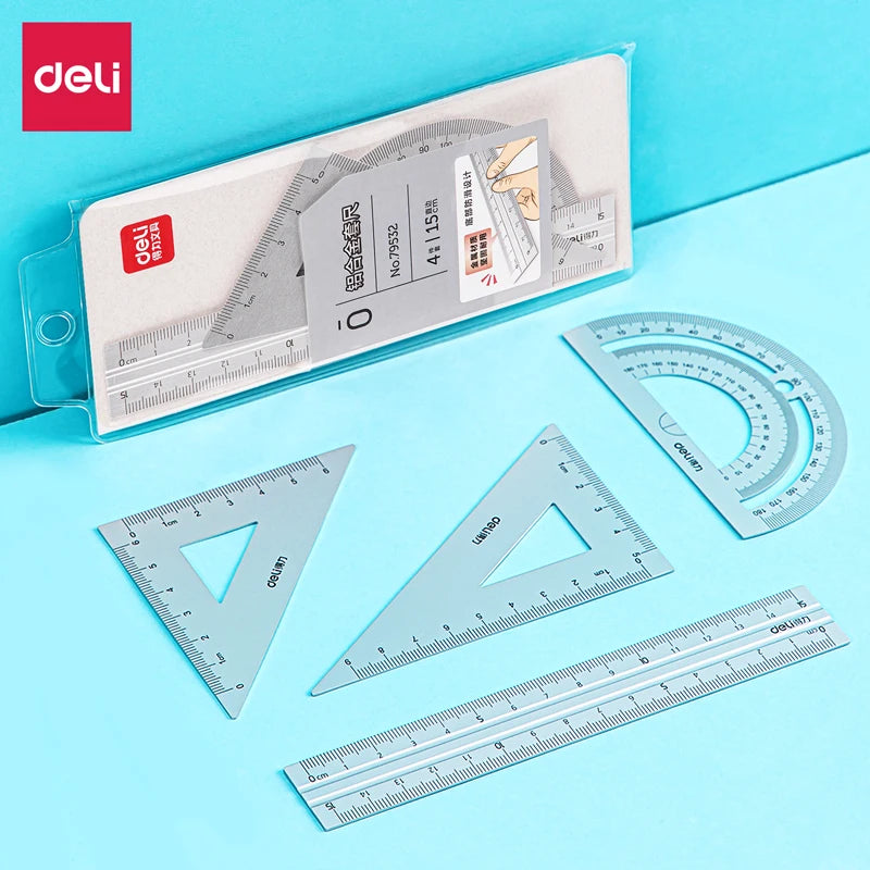 DELI 4-Piece Aluminum Drafting Ruler Set — Straight Ruler, Triangular Ruler & Protractor for School & Office