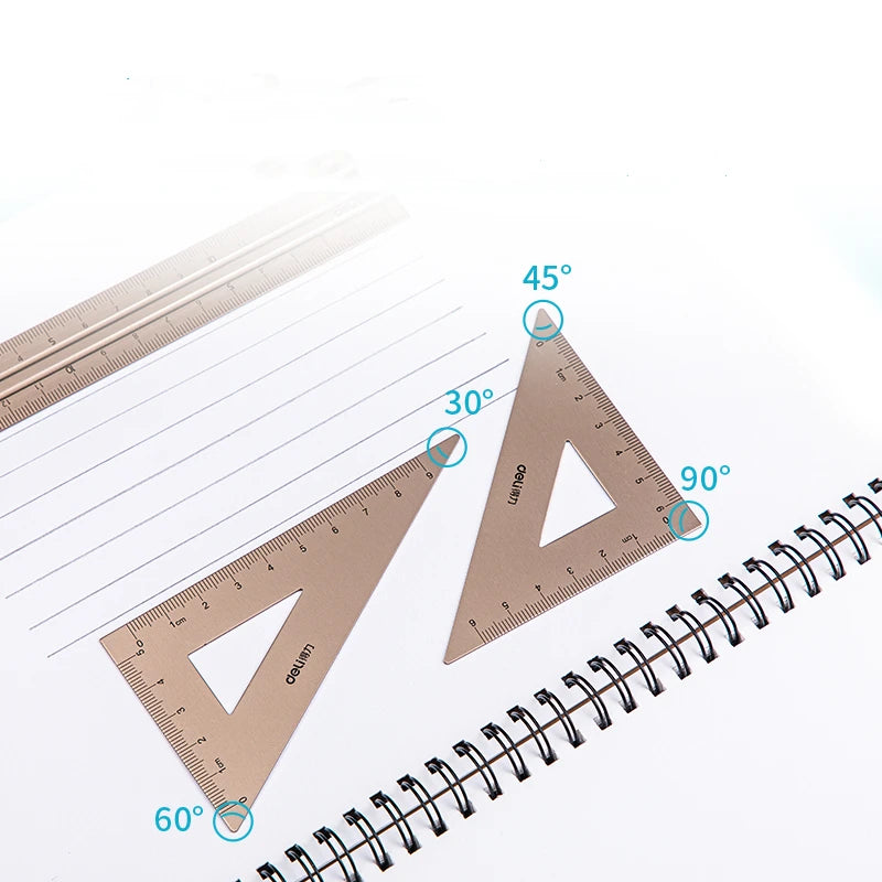DELI 4-Piece Aluminum Drafting Ruler Set — Straight Ruler, Triangular Ruler & Protractor for School & Office