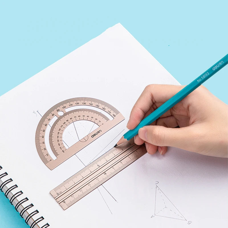 DELI 4-Piece Aluminum Drafting Ruler Set — Straight Ruler, Triangular Ruler & Protractor for School & Office