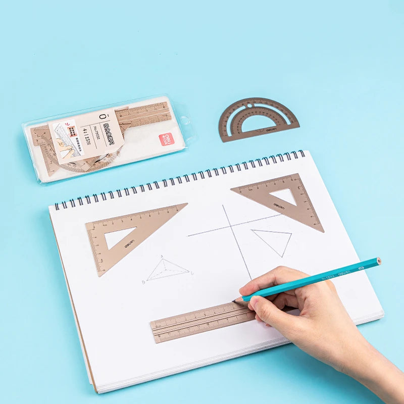 DELI 4-Piece Aluminum Drafting Ruler Set — Straight Ruler, Triangular Ruler & Protractor for School & Office