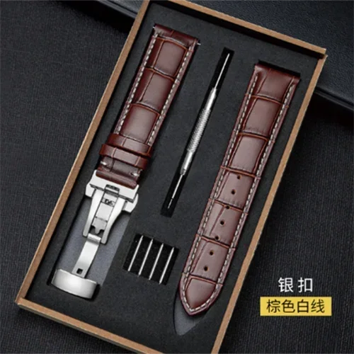 Correa de cuero genuino para reloj con caja de madera — Correa de repuesto con cierre desplegable de 18 mm/20 mm/22 mm