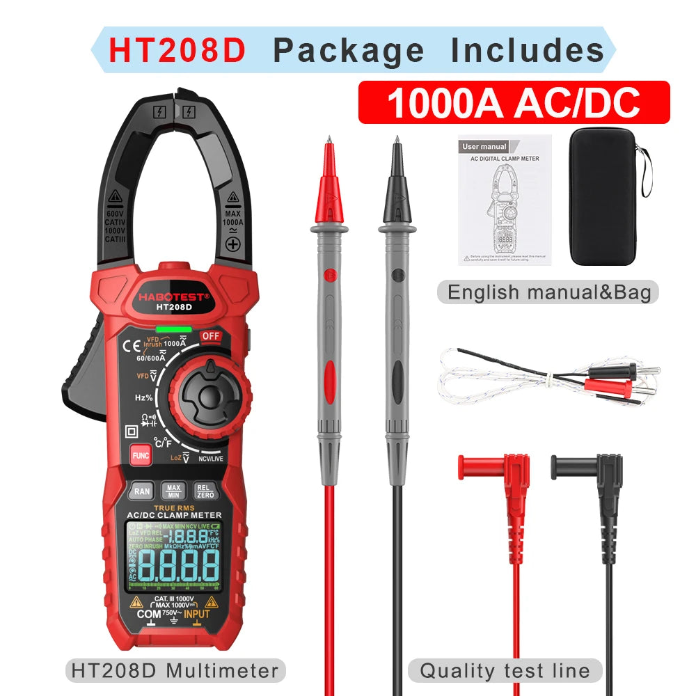 Multímetro de pinza digital HABOTEST — True RMS, CA/CC, 1000 V/1000 A