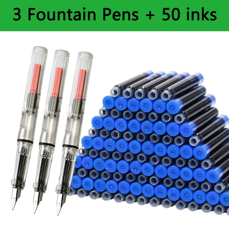 53-Piece Fountain Pen & Ink Refill Set — 3 Pens + 50 Ink Cartridges in Black, Blue & Red