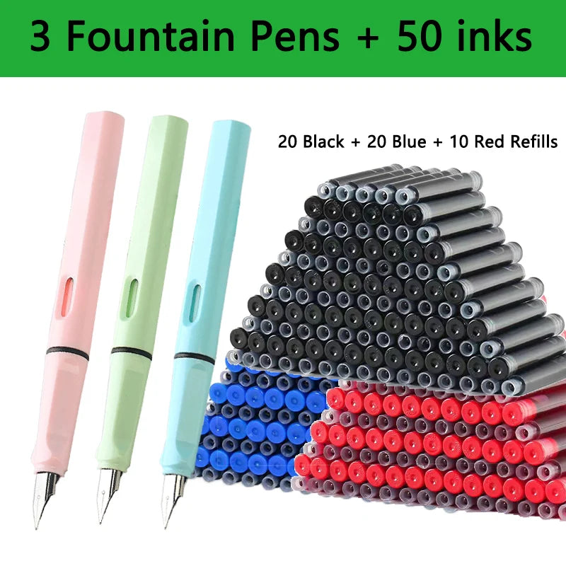53-Piece Fountain Pen & Ink Refill Set — 3 Pens + 50 Ink Cartridges in Black, Blue & Red