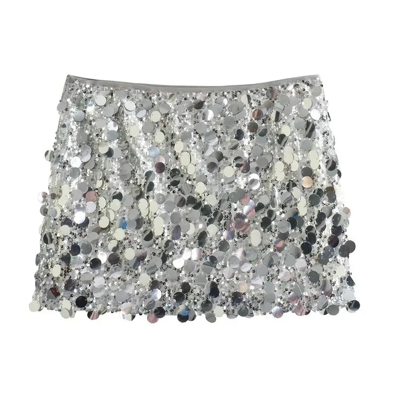 Minifalda de lentejuelas plateadas — Falda de fiesta Y2K brillante de talle alto