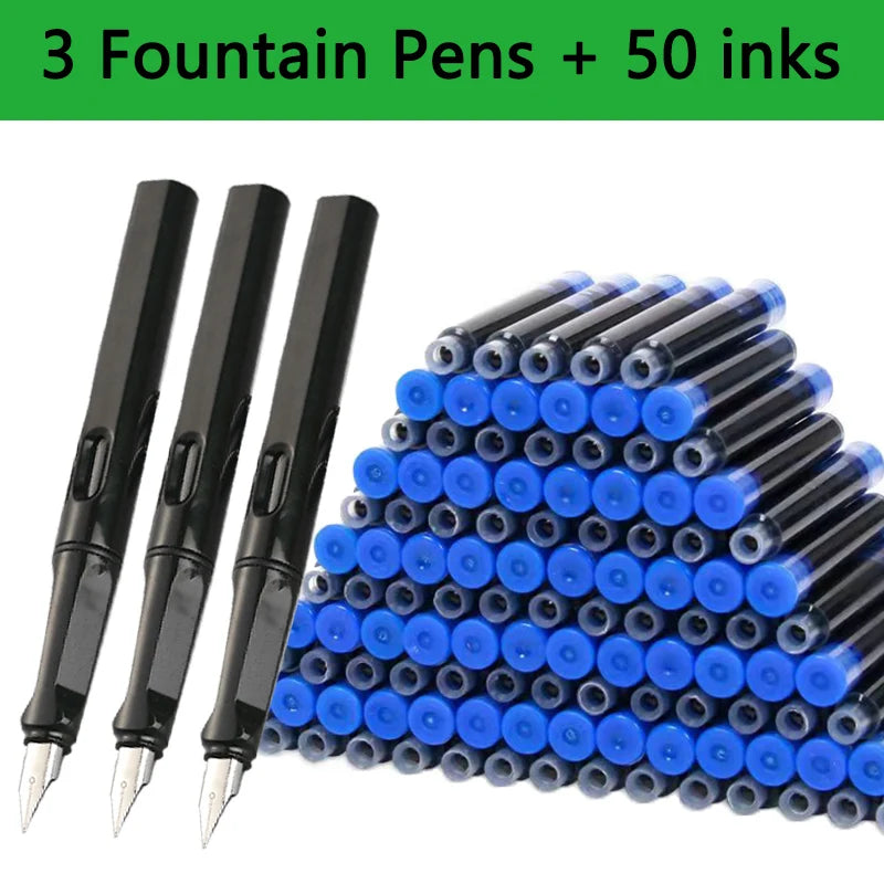 53-Piece Fountain Pen & Ink Refill Set — 3 Pens + 50 Ink Cartridges in Black, Blue & Red