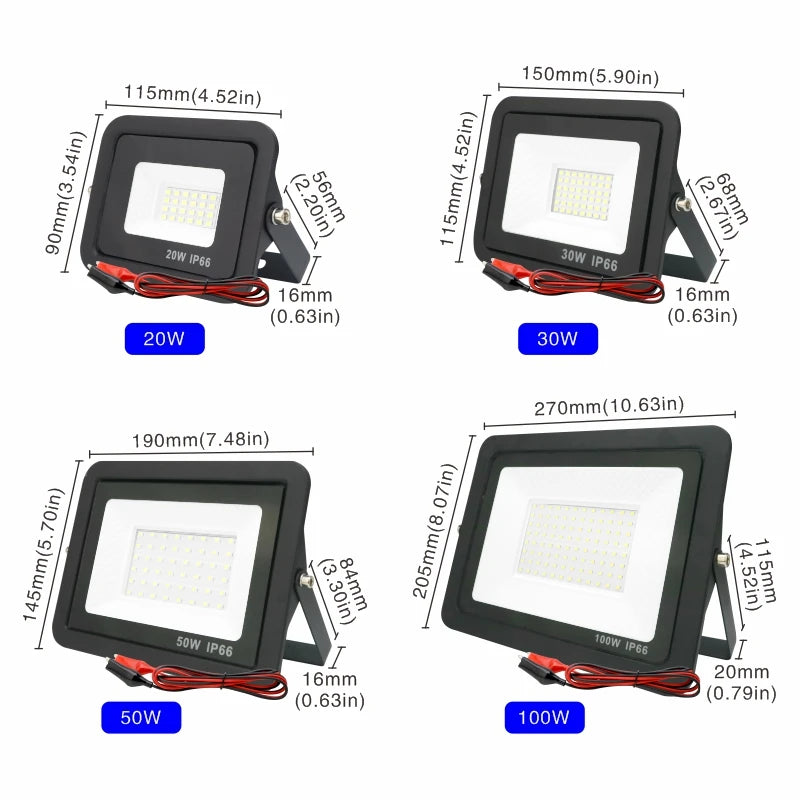 DC 12V LED Flood Light — 20W/30W/50W/100W Waterproof Outdoor Spotlight IP66