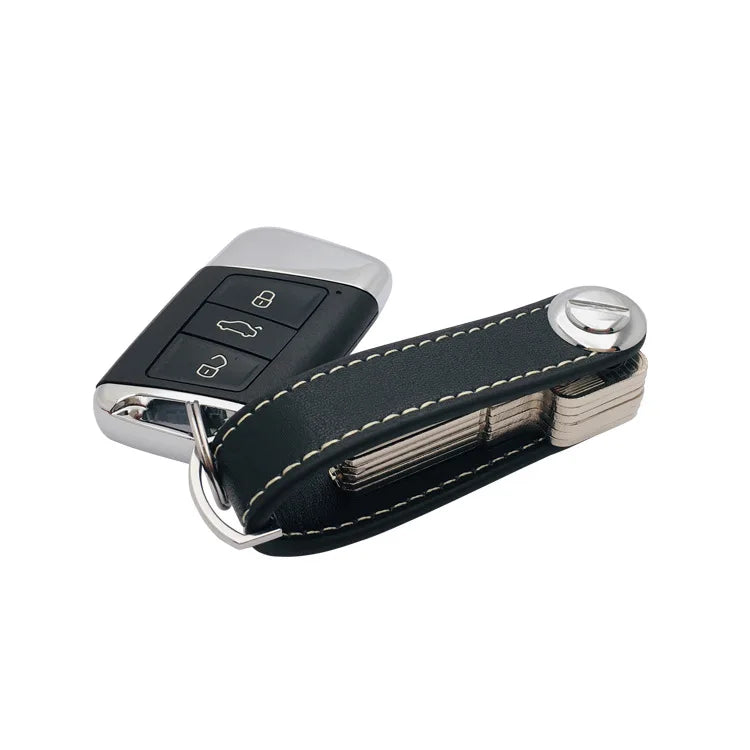 Smart Leather Key Organizer Wallet — Compact Car Key Pouch with Keychain Ring & Hooks