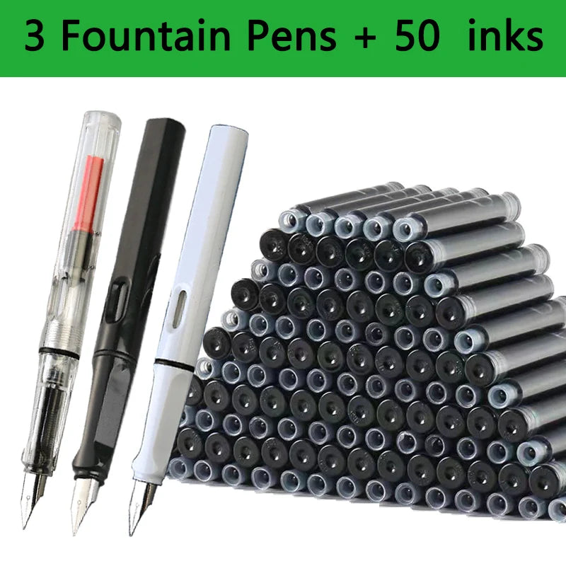 53-Piece Fountain Pen & Ink Refill Set — 3 Pens + 50 Ink Cartridges in Black, Blue & Red