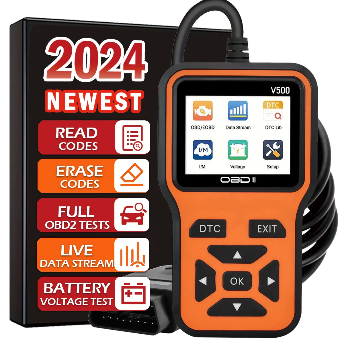 Jexiwe V500 OBD2 Car Diagnostic Scanner — Engine Fault Code Reader & Voltage Tester