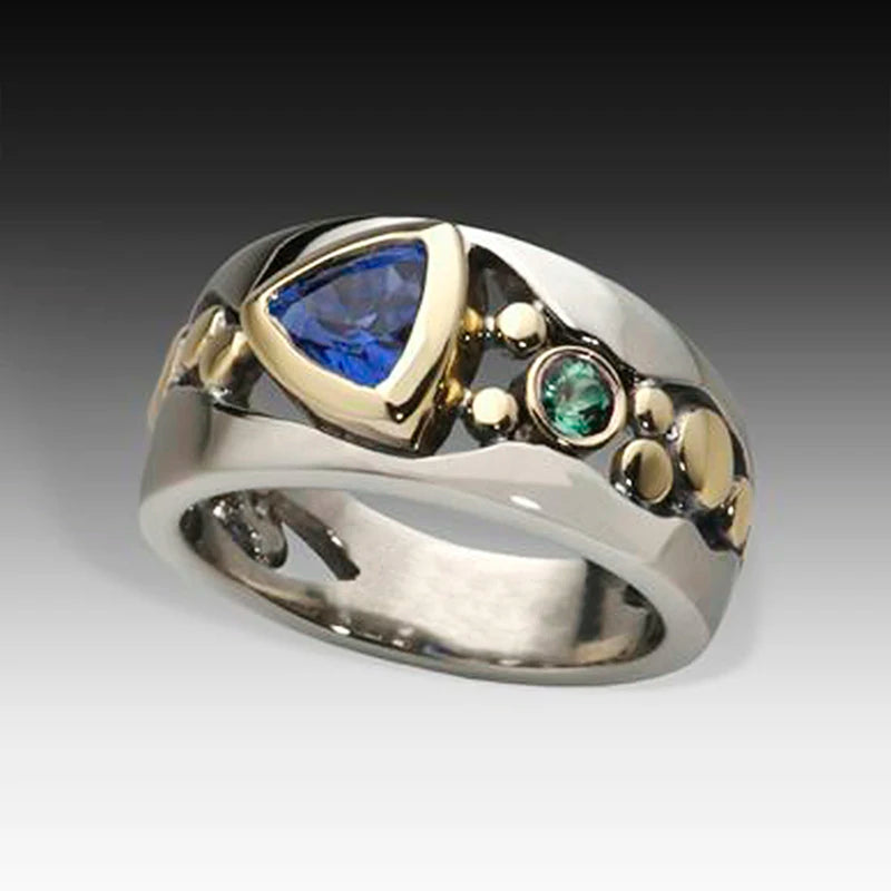 Two-Tone CZ Women's Ring — Blue & Green Geometric Band