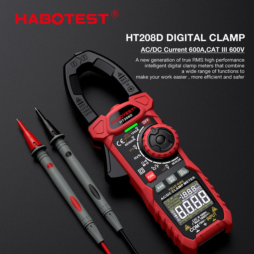 Multímetro de pinza digital HABOTEST — True RMS, CA/CC, 1000 V/1000 A