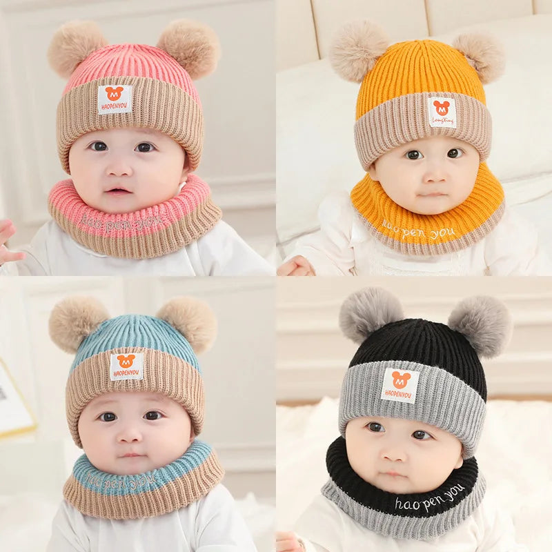 Conjunto de gorro y bufanda de oso para bebé — Gorro de invierno de punto cálido para bebés y niños pequeños