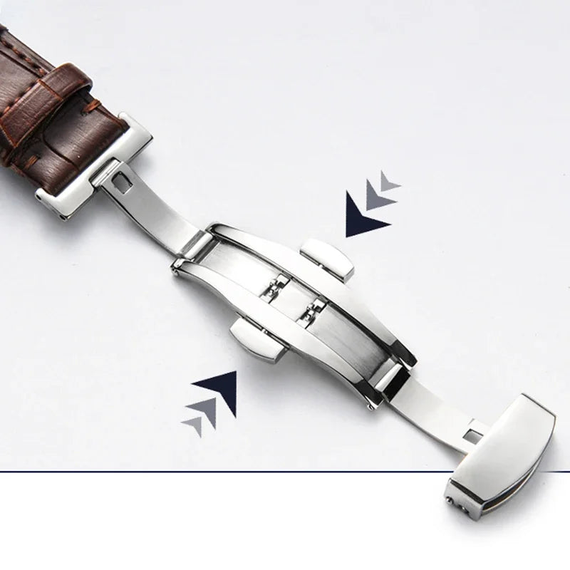 Correa de cuero genuino para reloj con caja de madera — Correa de repuesto con cierre desplegable de 18 mm/20 mm/22 mm