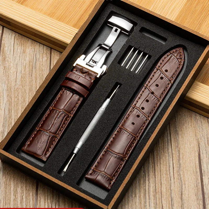 Correa de cuero genuino para reloj con caja de madera — Correa de repuesto con cierre desplegable de 18 mm/20 mm/22 mm