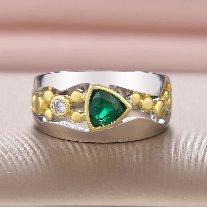 Huitan Two-Tone Triangular CZ Ring — Blue & Green Wedding & Engagement Band for Women