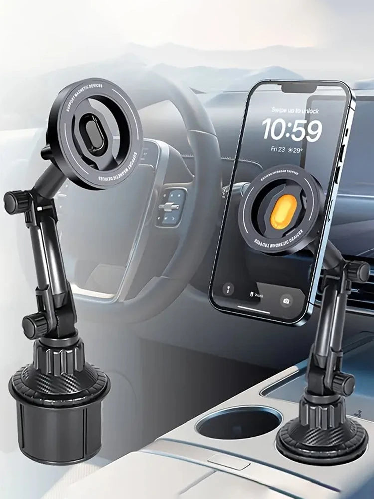 Magnetic Car Phone Mount — 360° Rotation Cup Holder Stand for MagSafe & All Smartphones