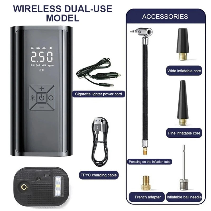 Compresor de aire portátil de 150 PSI para inflar neumáticos — Bomba compacta inalámbrica y con cable para coches, bicicletas y más