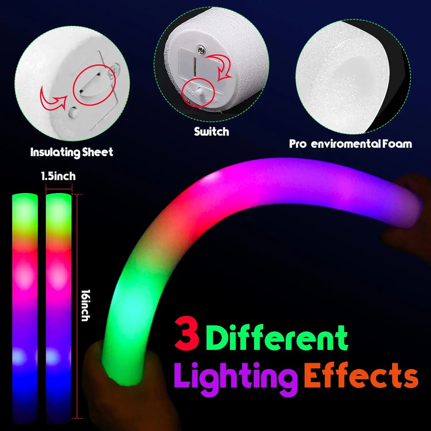 30 Barras de Espuma LED Luminosas — 3 Modos de Luces Intermitentes Coloridas para Fiestas y Eventos