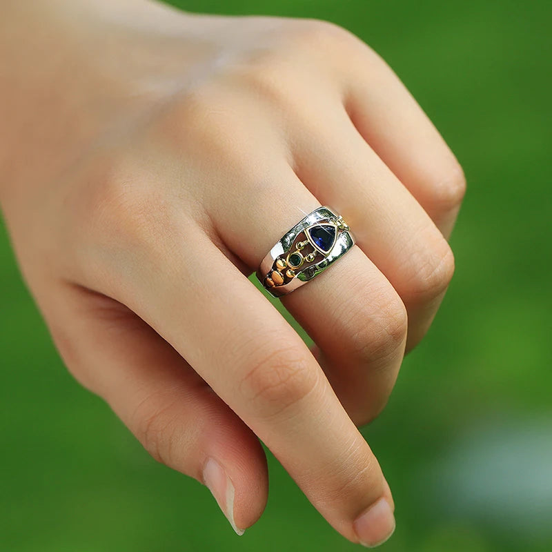 Two-Tone CZ Women's Ring — Blue & Green Geometric Band