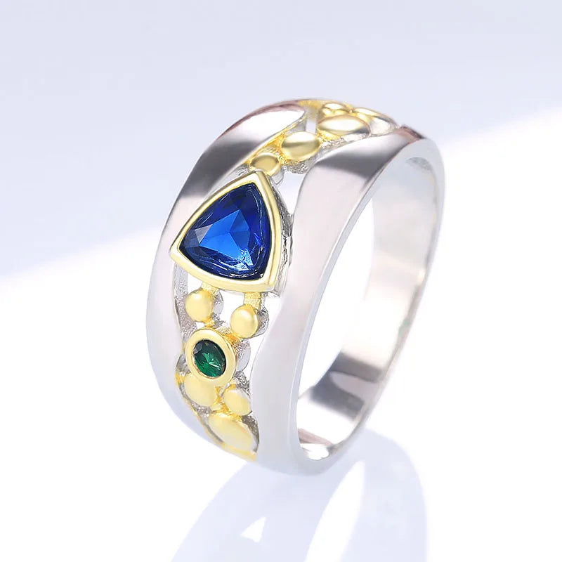 Two-Tone CZ Women's Ring — Blue & Green Geometric Band