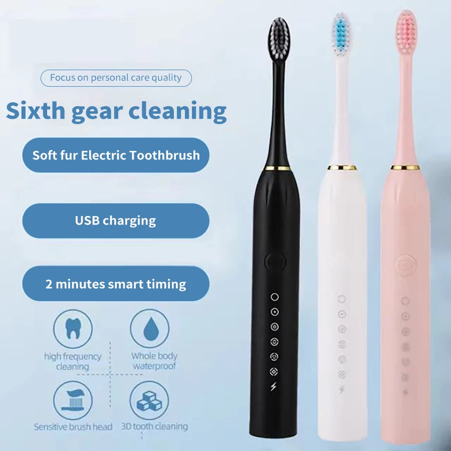 Electric Ultrasonic Toothbrush — 6-Speed Modes, USB Rechargeable, Waterproof Adult Tooth Cleaner