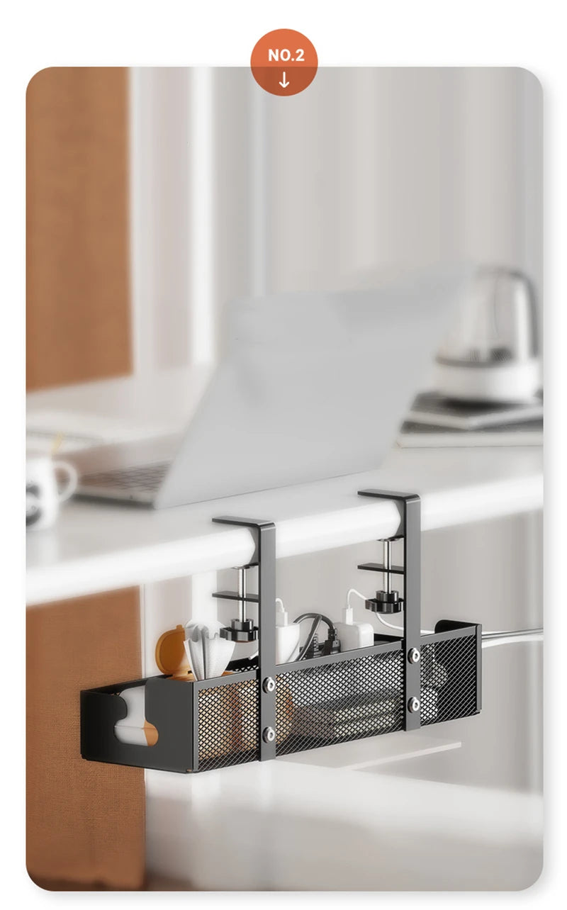 Under Desk Cable Management Tray — No-Drill Extendable Metal Wire Organizer with Clamp