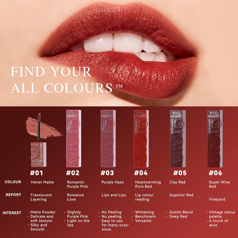 BVG Matte Liquid Lipstick — Long-Lasting Waterproof Non-Greasy Lip Gloss in Warm Tones