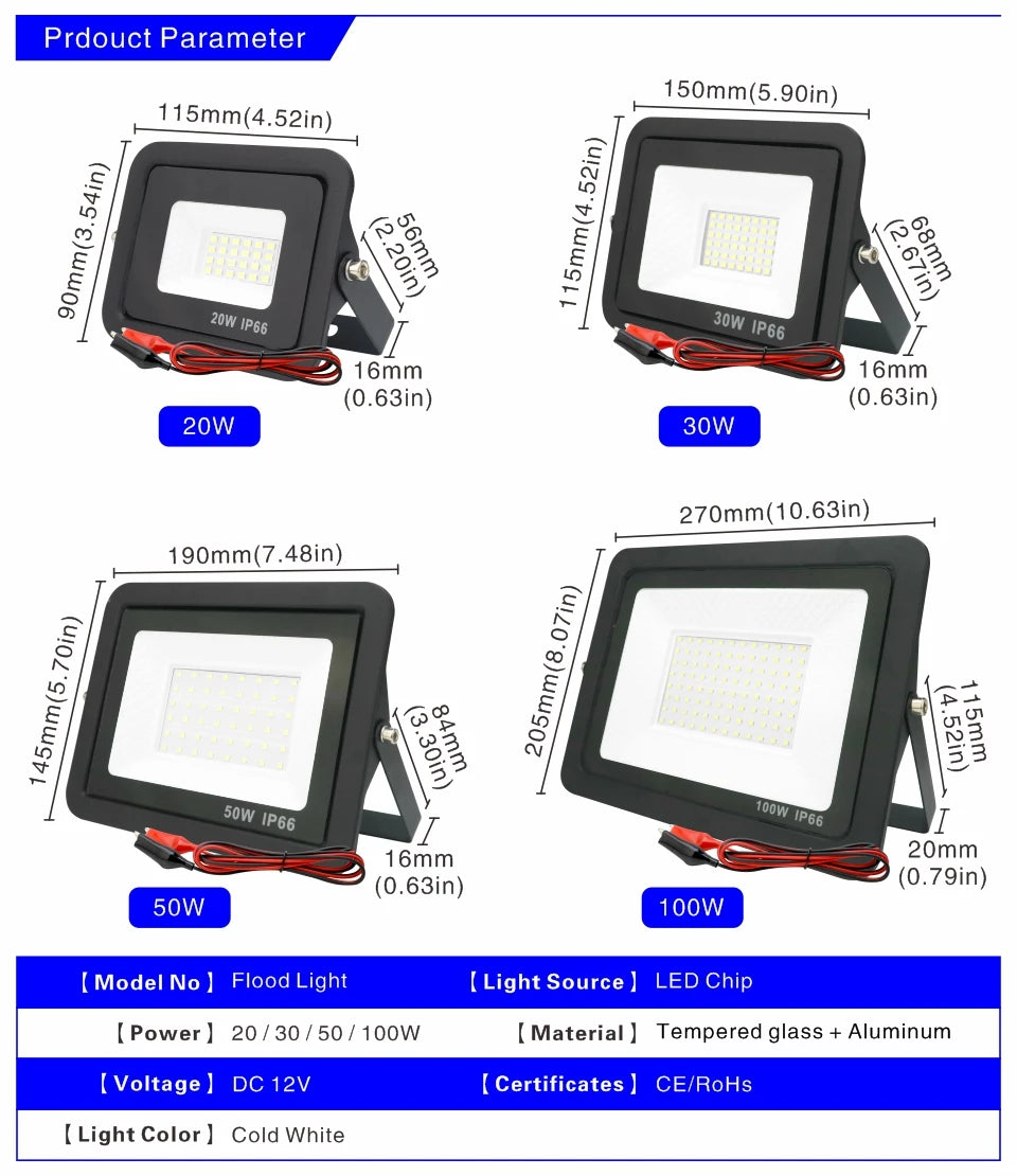 DC 12V LED Flood Light — 20W/30W/50W/100W Waterproof Outdoor Spotlight IP66