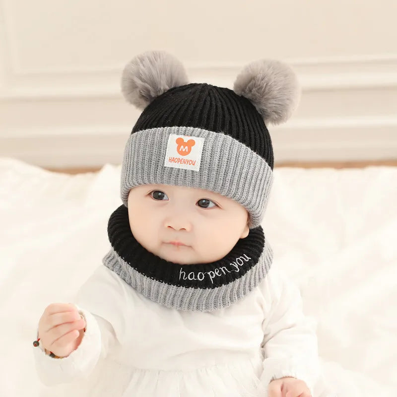 Conjunto de gorro y bufanda de oso para bebé — Gorro de invierno de punto cálido para bebés y niños pequeños