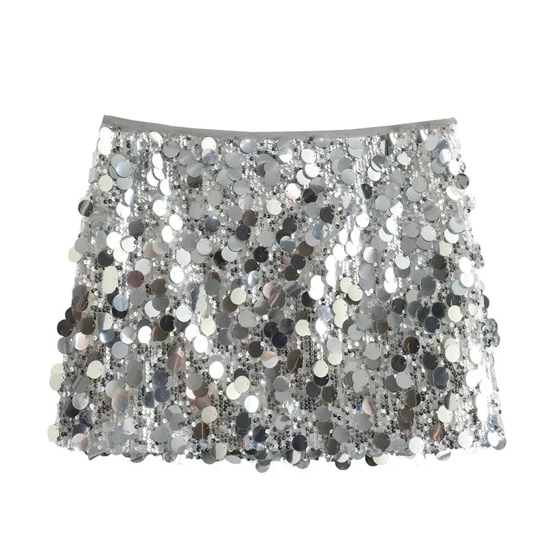 Silver Sequin Mini Skirt — High Waist Glitter Y2K Party Skirt