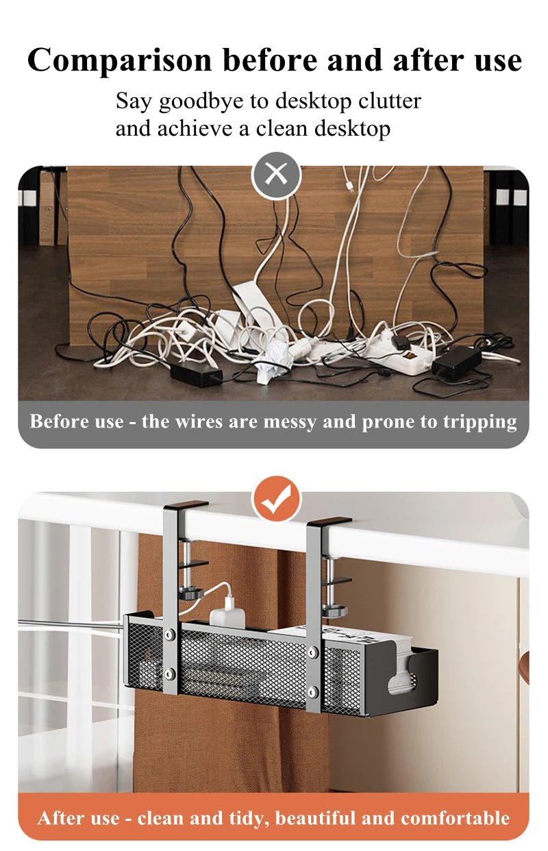 Under-Desk Cable Organizer Tray — No-Drill, Clamp-On