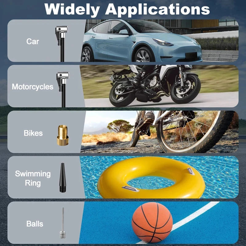 Compresor de aire portátil de 150 PSI para inflar neumáticos — Bomba compacta inalámbrica y con cable para coches, bicicletas y más