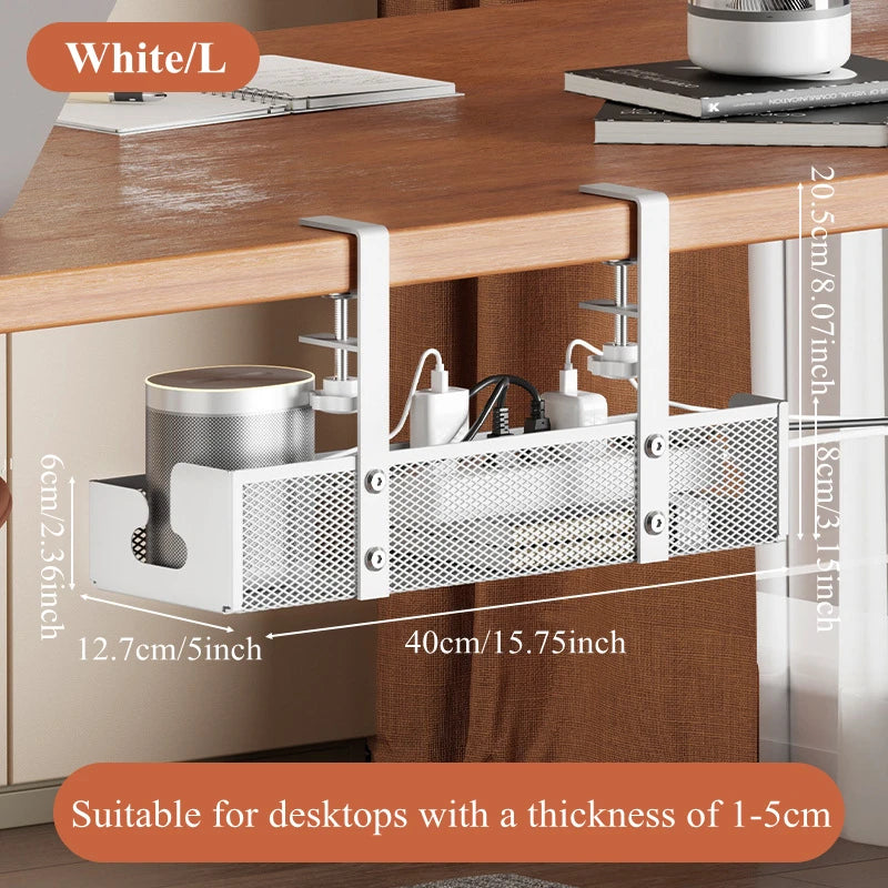 Under Desk Cable Management Tray — No-Drill Extendable Metal Wire Organizer with Clamp