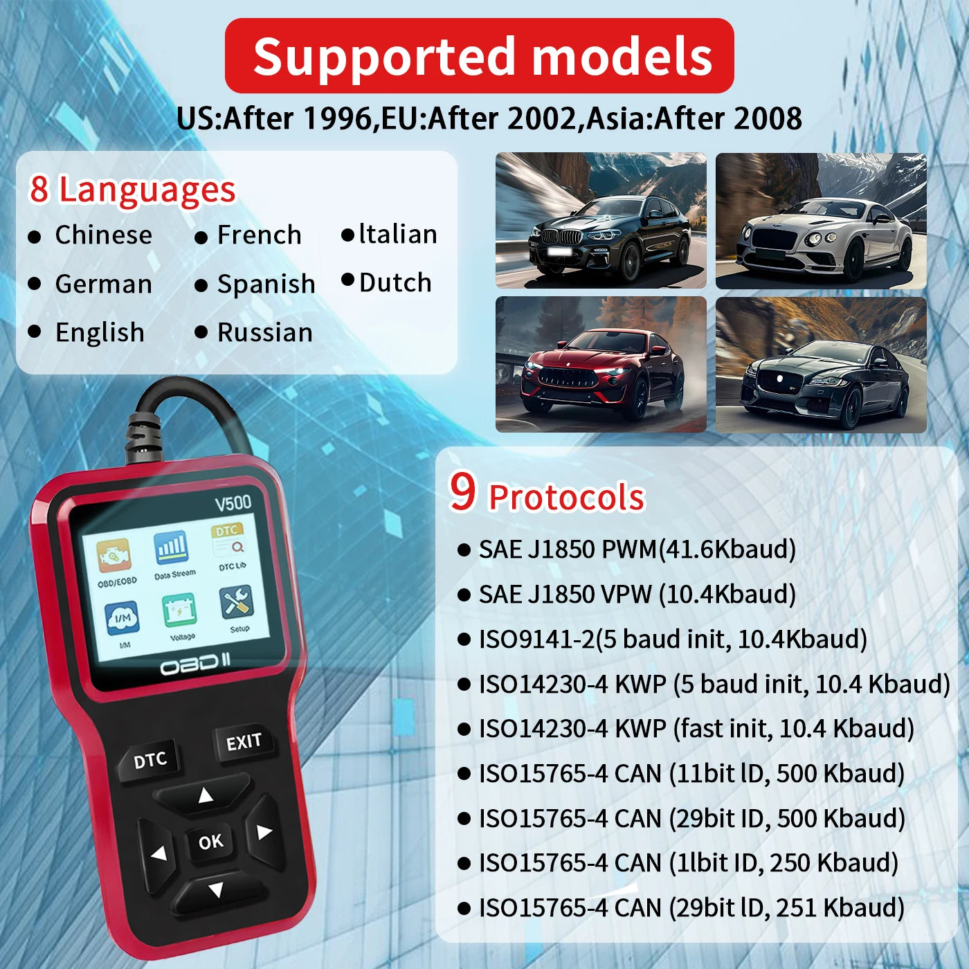 Escáner de diagnóstico de coche Jexiwe V500 OBD2 — Lector de códigos de fallos de motor y comprobador de voltaje