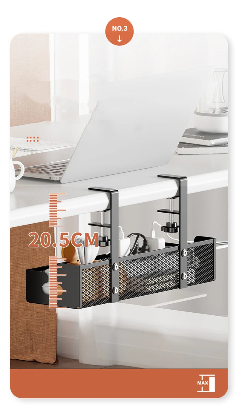 Under Desk Cable Management Tray — No-Drill Extendable Metal Wire Organizer with Clamp
