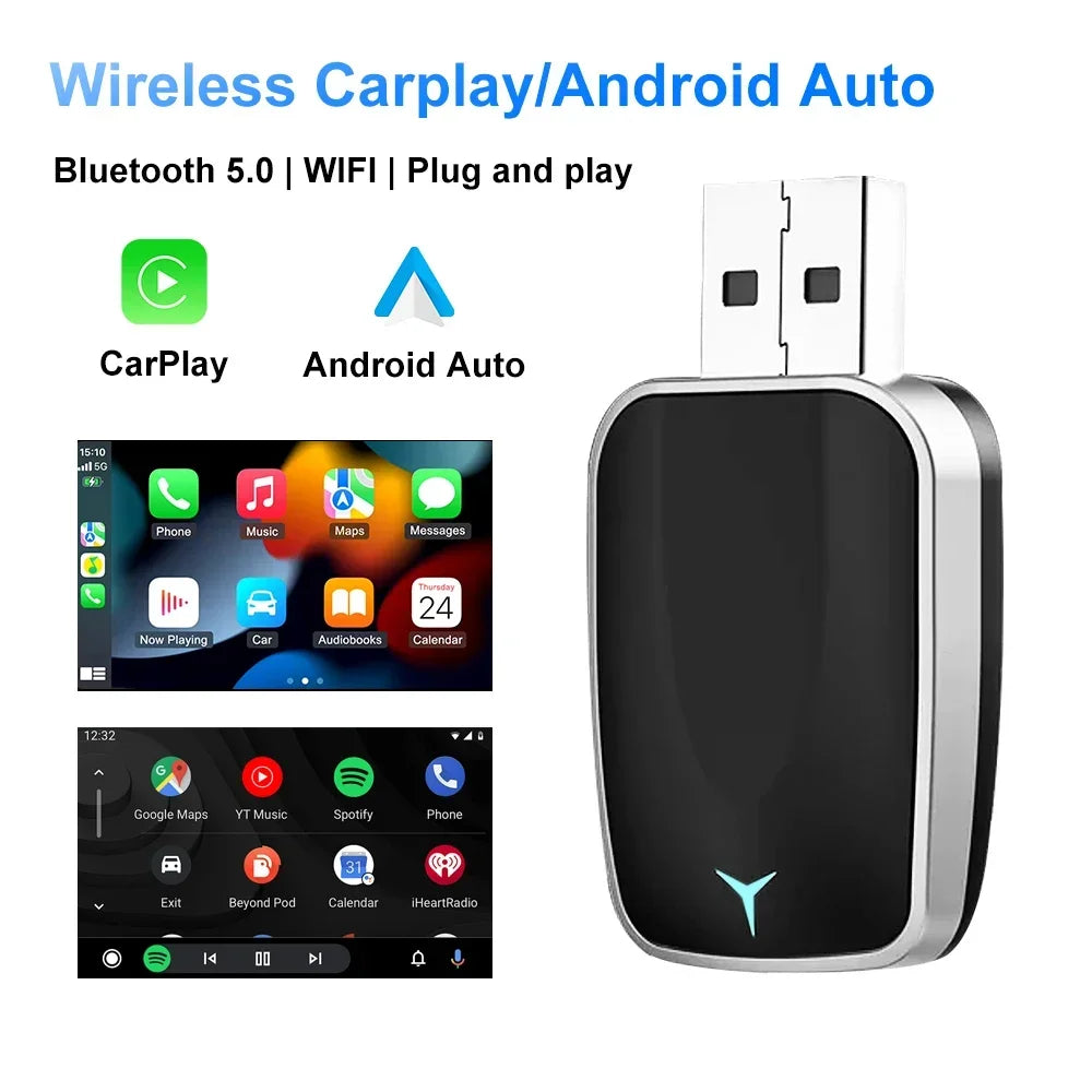Wireless CarPlay & Android Auto Adapter — Plug & Play Bluetooth Converter for 2016+ Vehicles