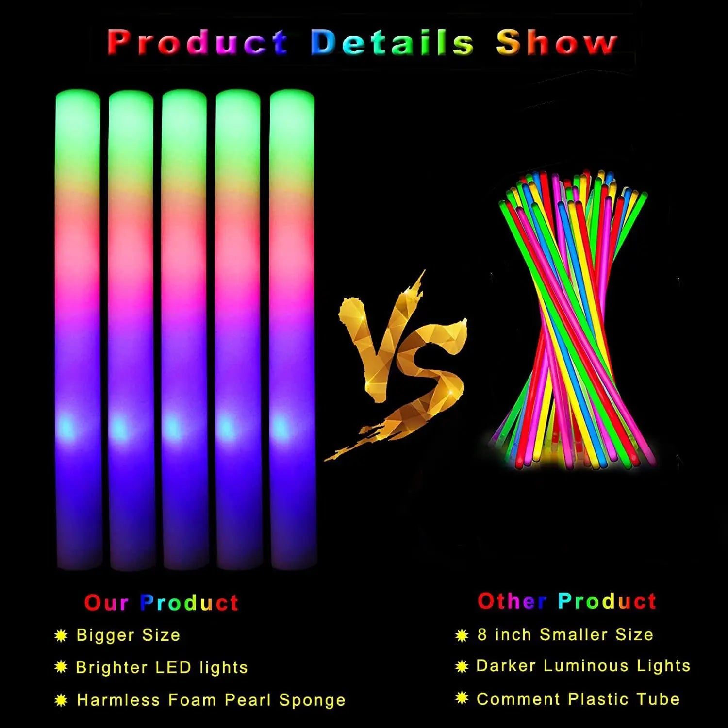 30 Barras de Espuma LED Luminosas — 3 Modos de Luces Intermitentes Coloridas para Fiestas y Eventos