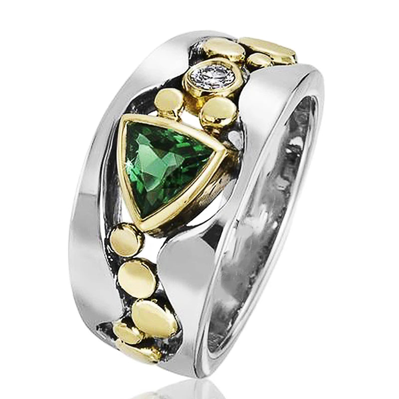 Huitan Two-Tone Triangular CZ Ring — Blue & Green Wedding & Engagement Band for Women