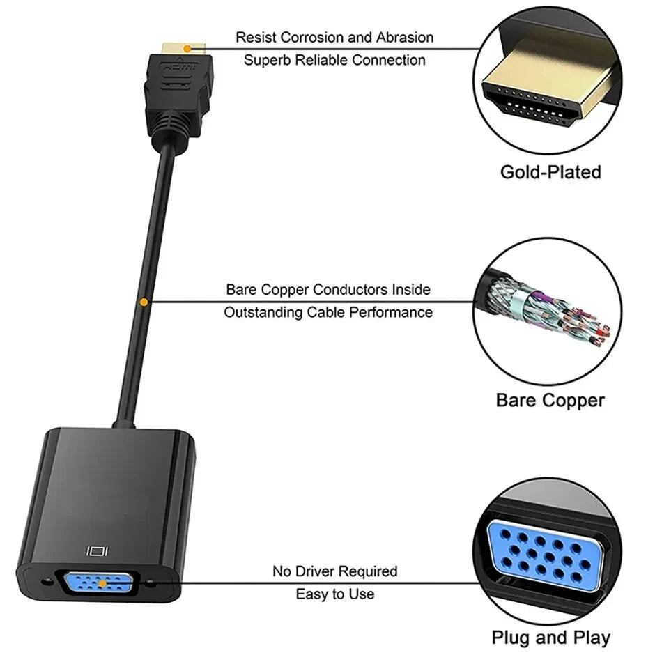 HDMI to VGA Adapter Cable — 1080P Full HD Male to Female Converter for Laptop, PC & PS4