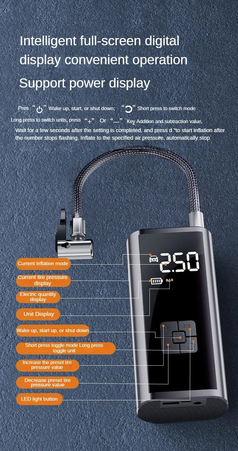 Compresor de aire portátil de 150 PSI para inflar neumáticos — Bomba compacta inalámbrica y con cable para coches, bicicletas y más
