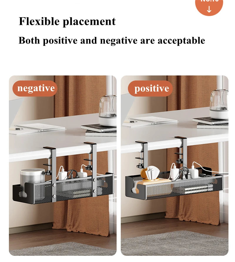 Under Desk Cable Management Tray — No-Drill Extendable Metal Wire Organizer with Clamp