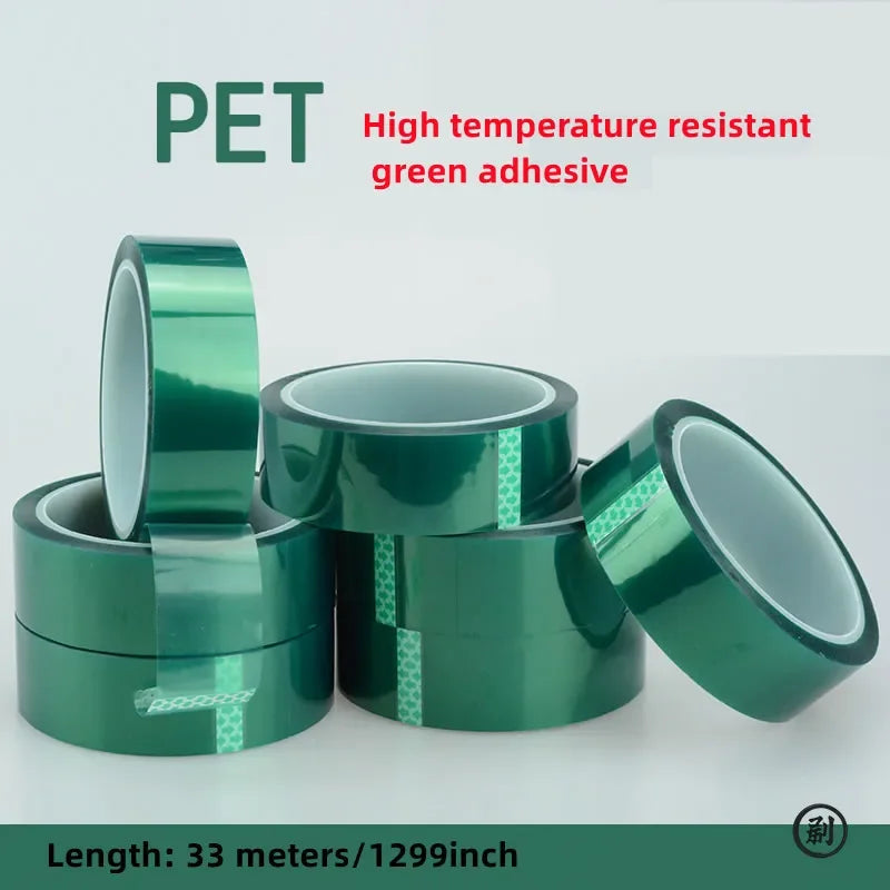 Cinta de enmascarar PET verde de alta temperatura - 33M, resistente al calor hasta 180°C para recubrimiento en polvo y trabajo de PCB
