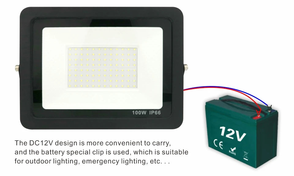 DC 12V LED Flood Light — 20W/30W/50W/100W Waterproof Outdoor Spotlight IP66