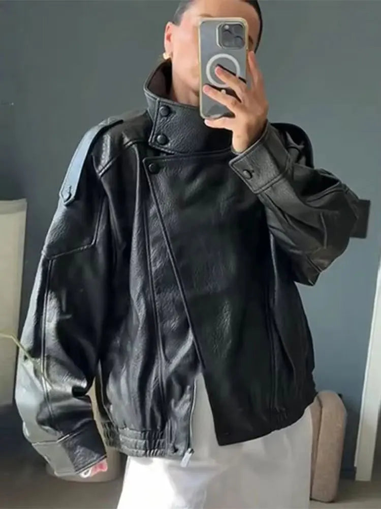 Women’s Faux Leather Zip-Up Jacket — Casual Streetwear Style