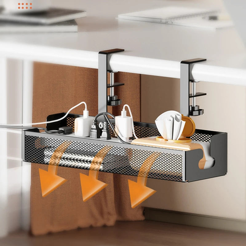 Under Desk Cable Management Tray — No-Drill Extendable Metal Wire Organizer with Clamp