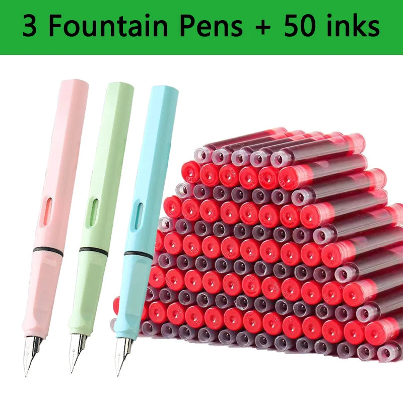 53-Piece Fountain Pen & Ink Refill Set — 3 Pens + 50 Ink Cartridges in Black, Blue & Red